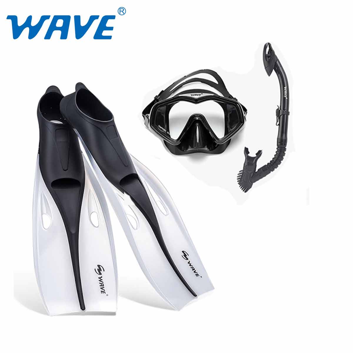 Scuba Diving Snorkeling Fins Mask Snorkel Combo Set Kit Open Heel Pocket Adult Black Dry Top Snorkel