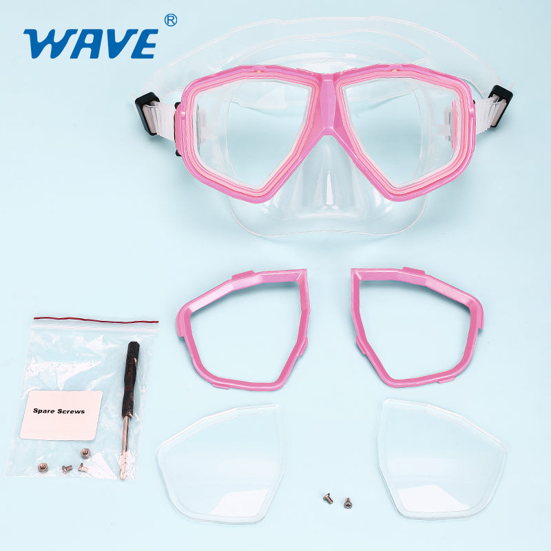 Nearsighted Prescription Snorkeling Mask 6 Detachable Lenses Diving Goggles Adult Pink