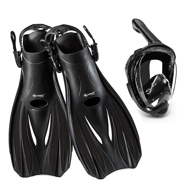 Wave Snorkeling Dive Full Face Mask Fins Set Dry Top System 180 Degree View Anti-Fogging