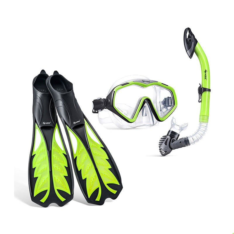 Wave Diving Snorkeling Combo Set Face Mask Fins Snorkel Adult Dry Top Snorkel Yellow