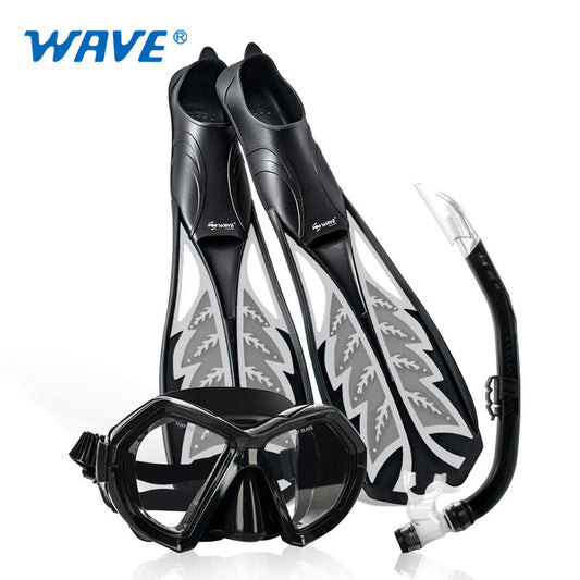 Wave Scuba Diving Snorkel Mask Fins Set Snorkeling Kit Free Tempered Glass Silicone