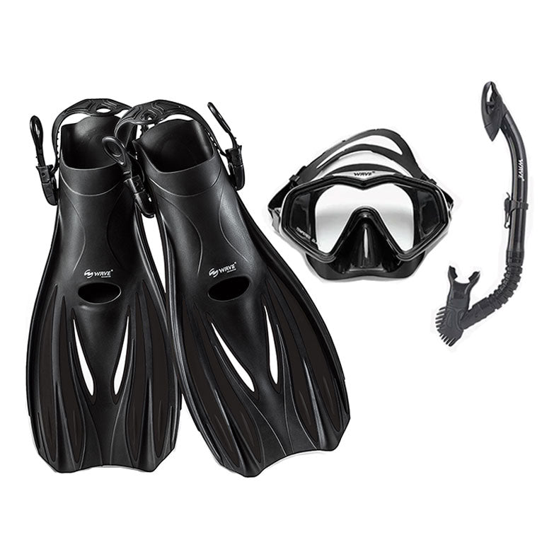 Wave Adjustable Open Heel Diving Mask Fins Snorkeling Combo Set Dry Top Snorkel Black