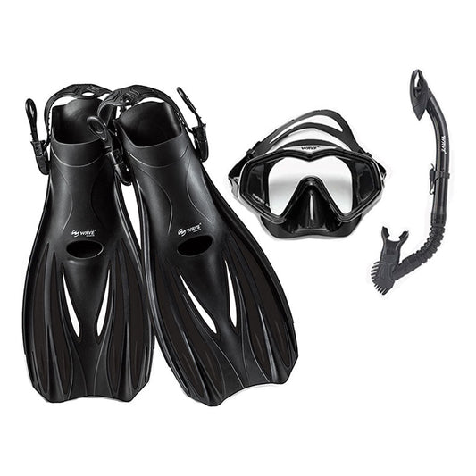 Wave Adjustable Open Heel Diving Mask Fins Snorkeling Combo Set Dry Top Snorkel Black