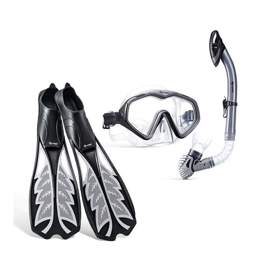 Wave Silver Scuba Mask Fins Snorkeling Diving Goggles Combo Set Dry Top Snorkel