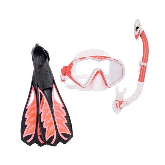 Wave Scuba Diving Snorkeling Combo Set kit Mask Snorkel Fins Coral Red S/M/L