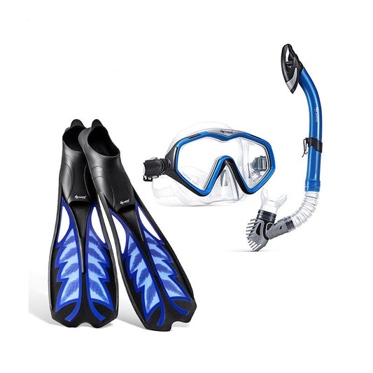 Wave Scuba Snorkeling Fins Free Diving Mask Combo Set Metallic Blue Dry Top Snorkel