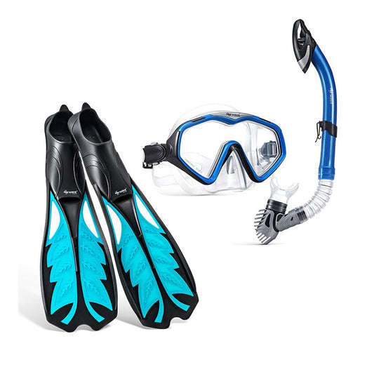 Wave Scuba Snorkeling Diving Mask Fins Combo Set Kit Adult Royal Blue Dry Top Snorkel