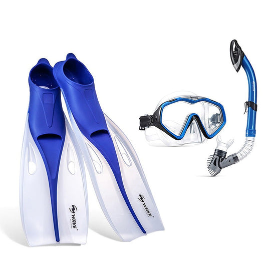 Wave Royal Blue Diving Mask Swim Fins Snorkeling Combo Set Dry Top Snorkel