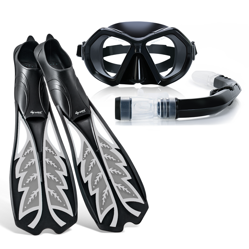 Wave HD Adjustable Free Diving norkel Mask Fins Combo Set Silver Black